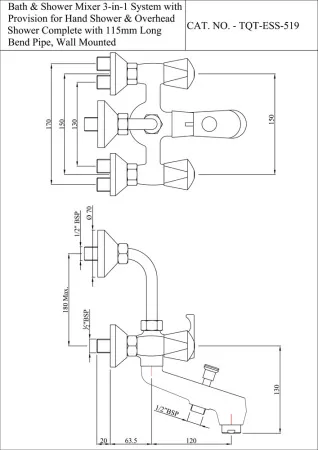 Смеситель для ванны и душа 3-в-1 с ручным и верхнем душем Essco Tropical TQT-CHR-519 Хром